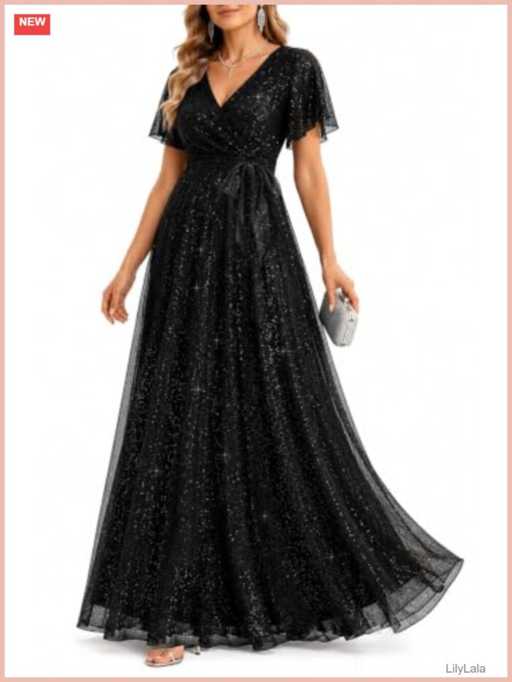Shimmer Formal Evening Maxi Dress V-Neck A-Line Flutter Sleeve Belted